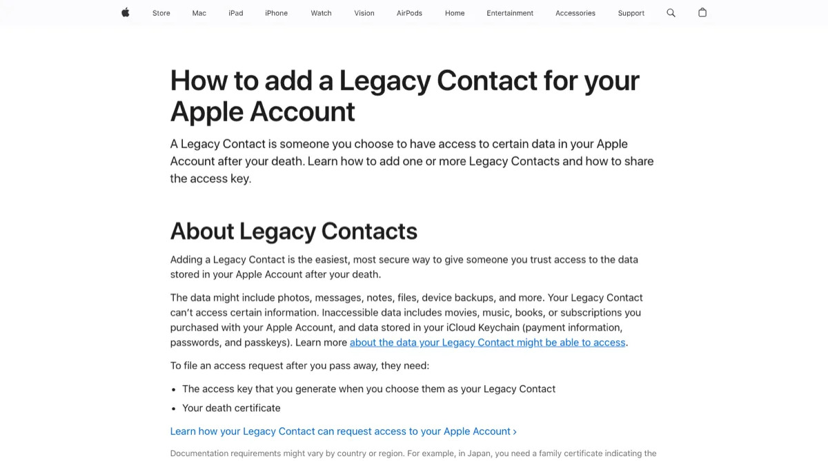 Apple Support article How to add a Legacy Contact, About Legacy Contacts section listing accessible data and the iCloud Keychain exclusion