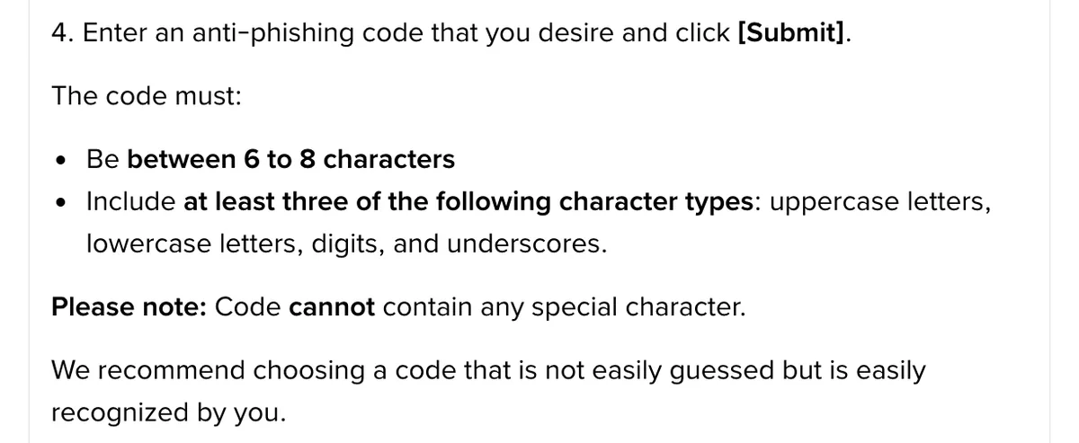 Binance anti-phishing code rules