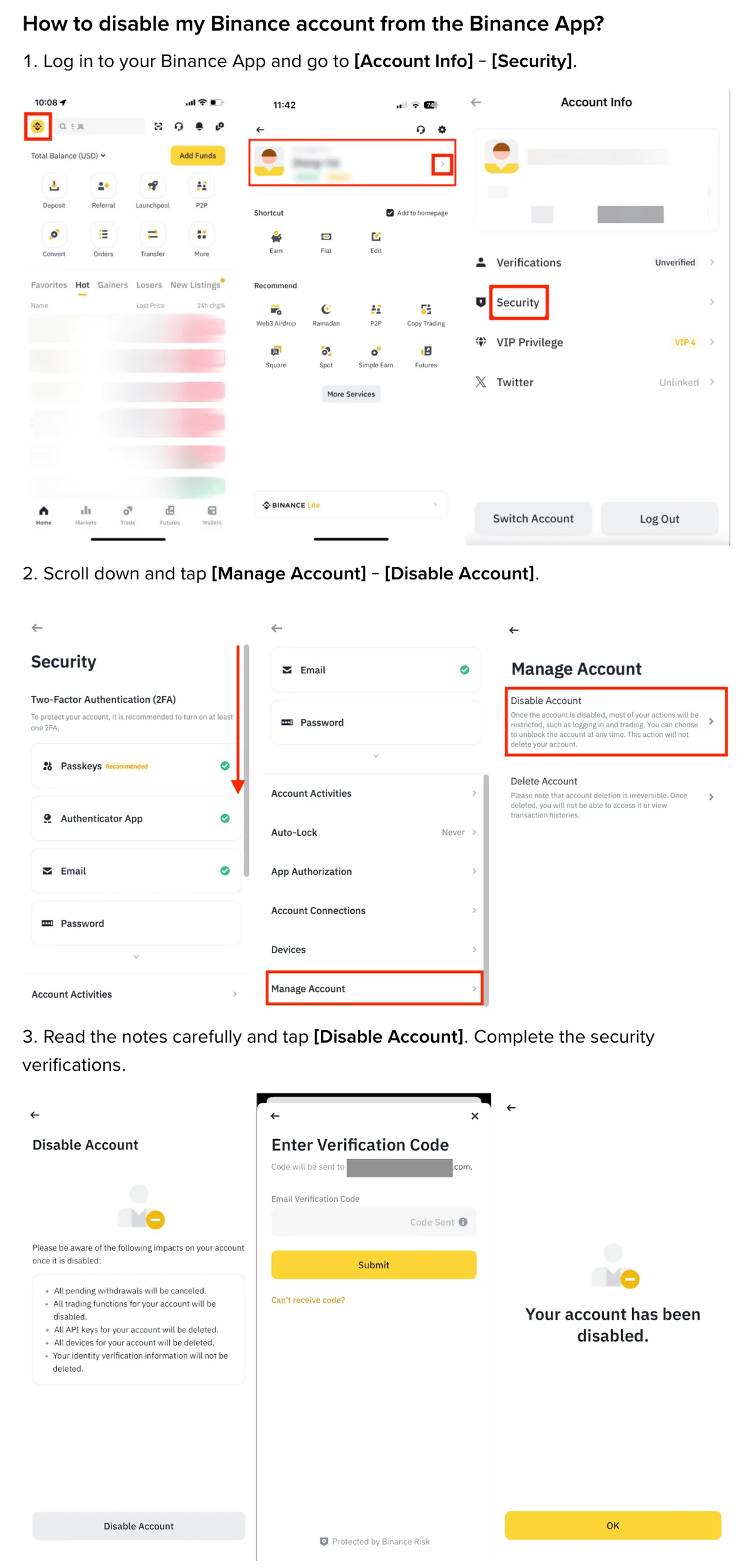 Binance app disable account steps with Security, Manage Account and Disable Account highlighted