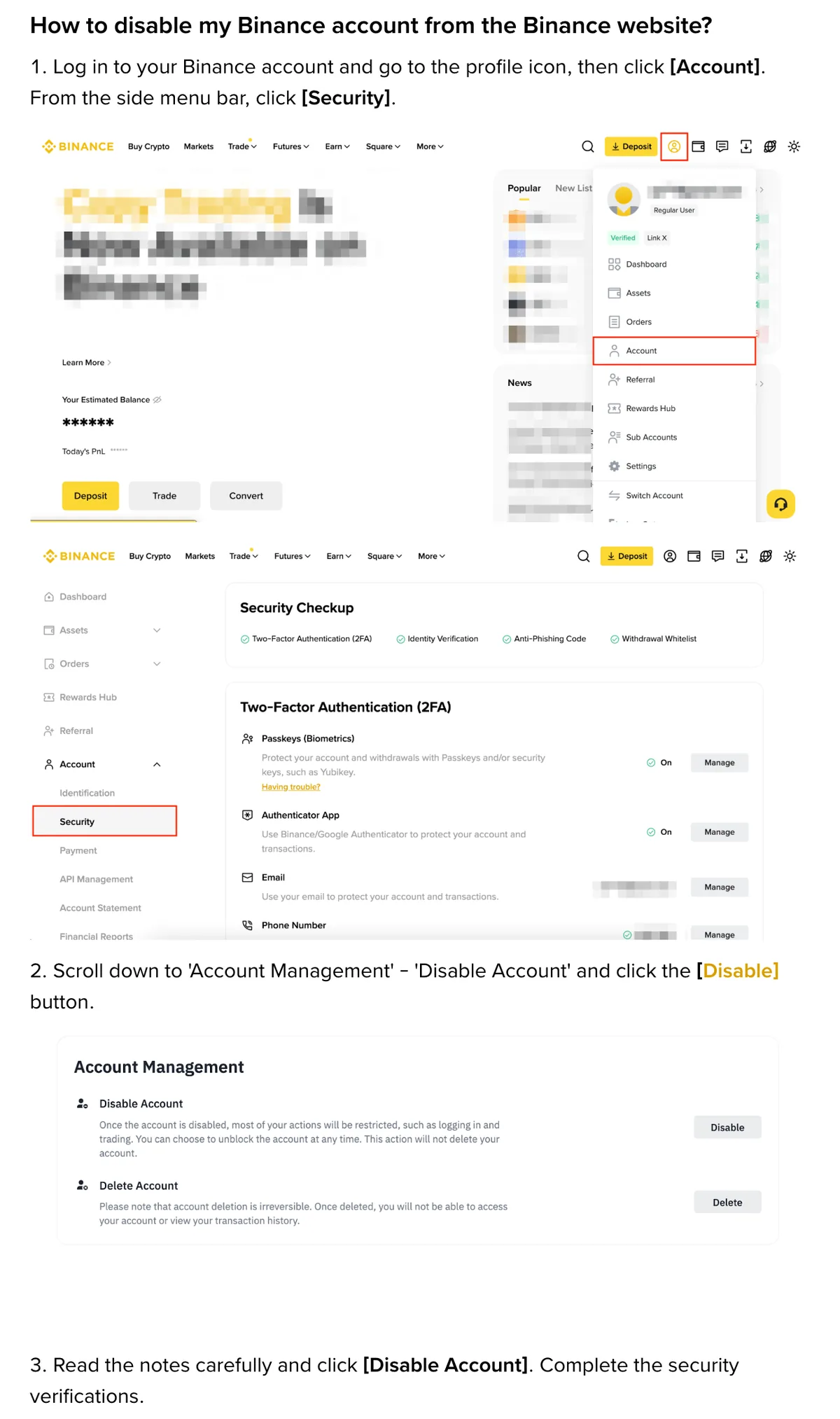 Binance website steps to disable an account: profile menu, Security in the side menu, then Account Management with Disable and Delete buttons