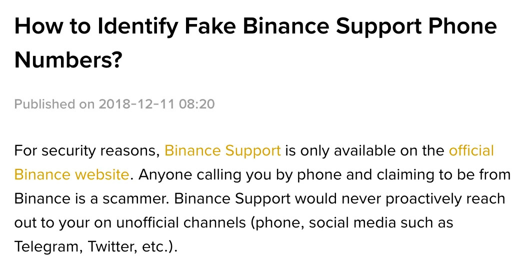 Opening paragraph of Binance's help page on fake support phone numbers