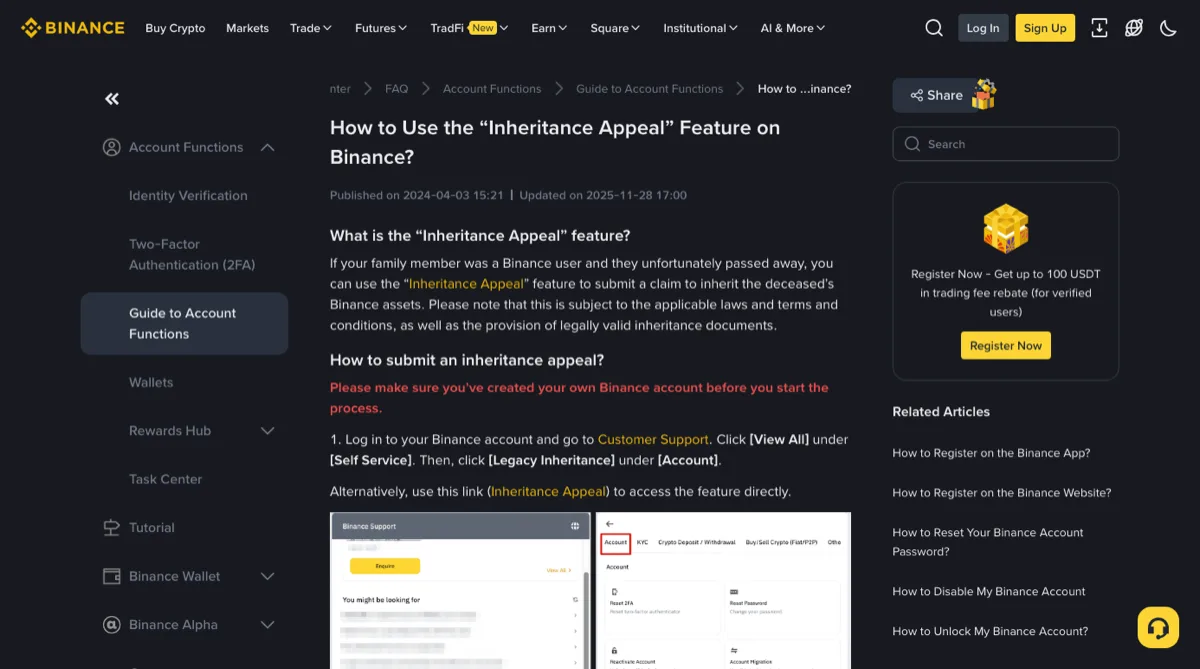 Binance FAQ page How to Use the Inheritance Appeal Feature, with the red note to create your own account first and step 1 naming View All, Self Service, Legacy Inheritance and Account