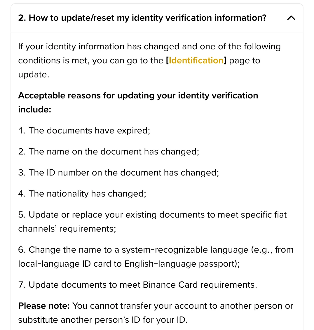 Binance FAQ answer listing seven acceptable reasons for updating identity verification, including expired documents and changed names, ID numbers or nationality