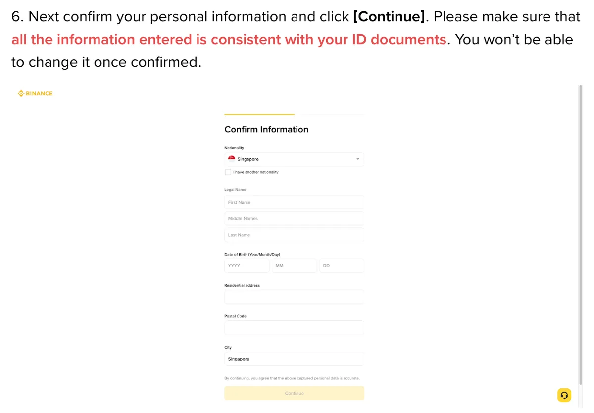 Binance identity verification step 6 confirm-information page, stating details cannot be changed once confirmed