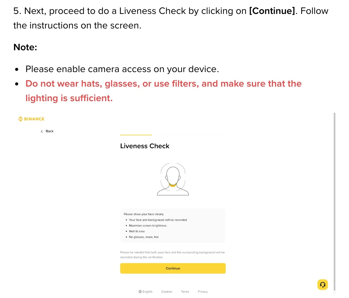 Binance identity verification liveness check step, noting camera access and no hats, glasses or filters in good lighting
