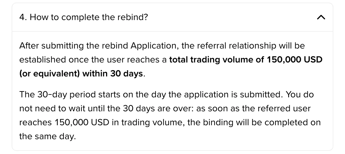 Binance rebind FAQ screenshot: 150,000 USD trading volume within 30 days completes the binding