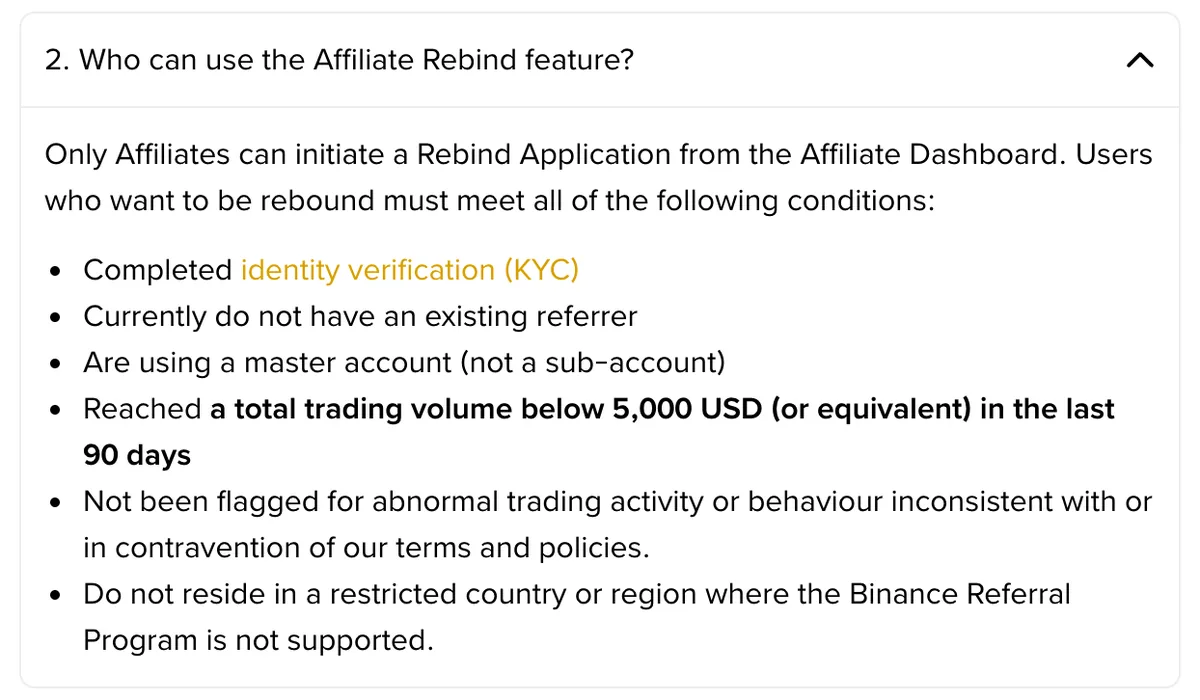 Binance rebind feature eligibility list, including completed KYC, no existing referrer and under 5,000 USD volume in the last 90 days