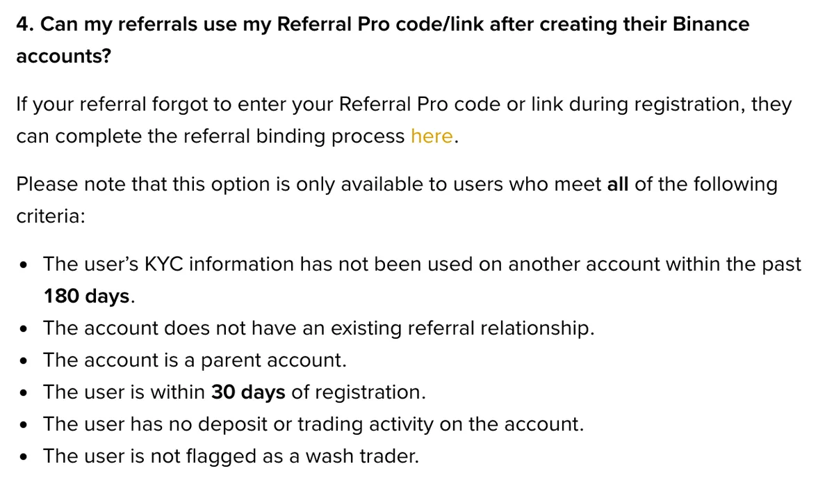 Binance Support screenshot listing 6 conditions for binding a referral after sign-up, including registering within 30 days with no deposits or trades