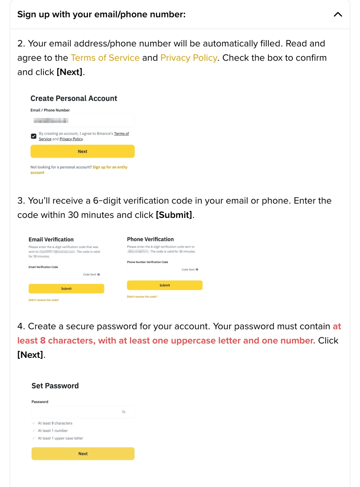 Binance Support screenshot of sign-up steps 2 to 4: confirm email or phone, enter the 6-digit code, set a password of at least 8 characters with an uppercase letter and a number