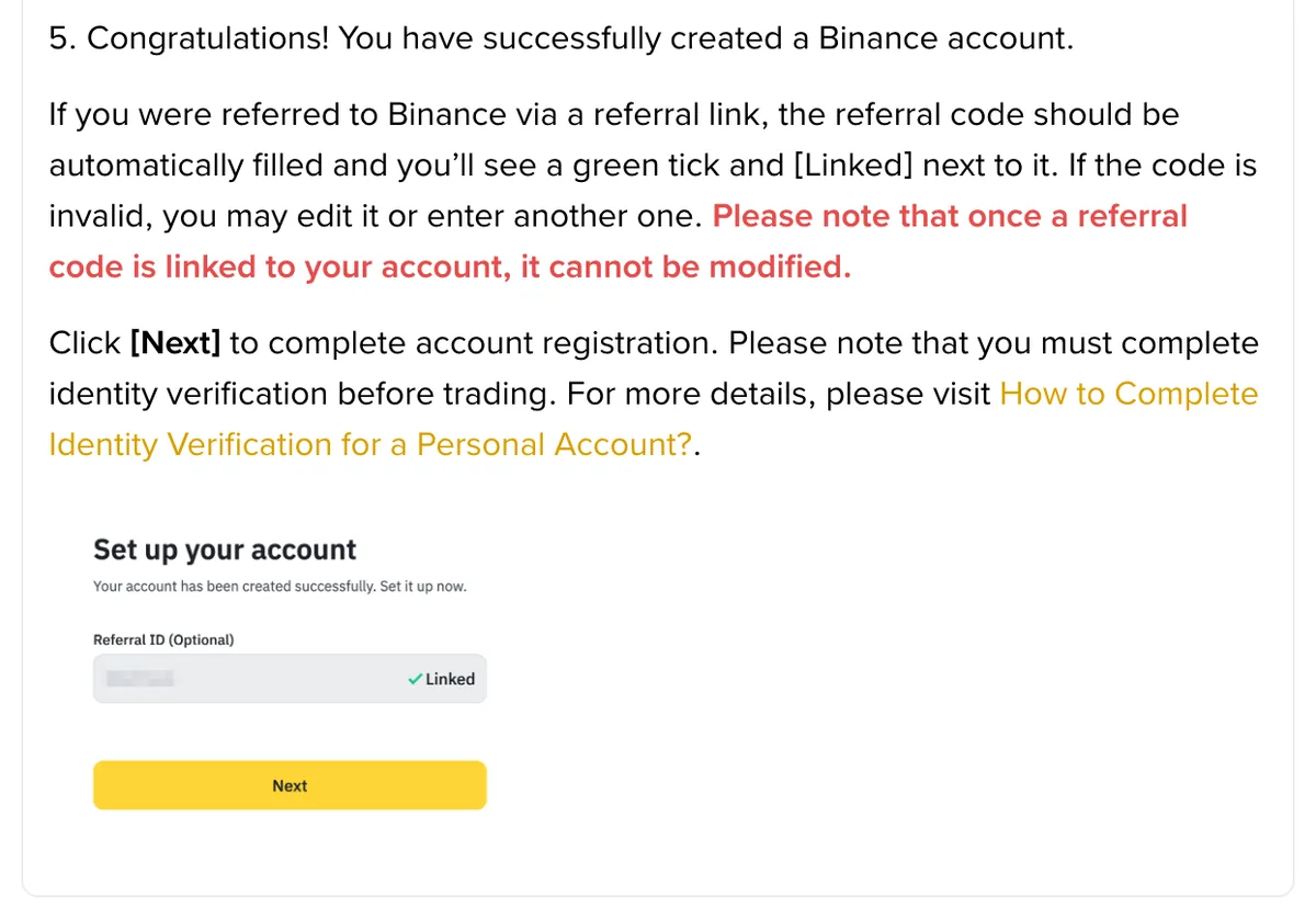Binance Support screenshot explaining that a referral code is auto-filled with a green tick and Linked label and cannot be changed afterwards