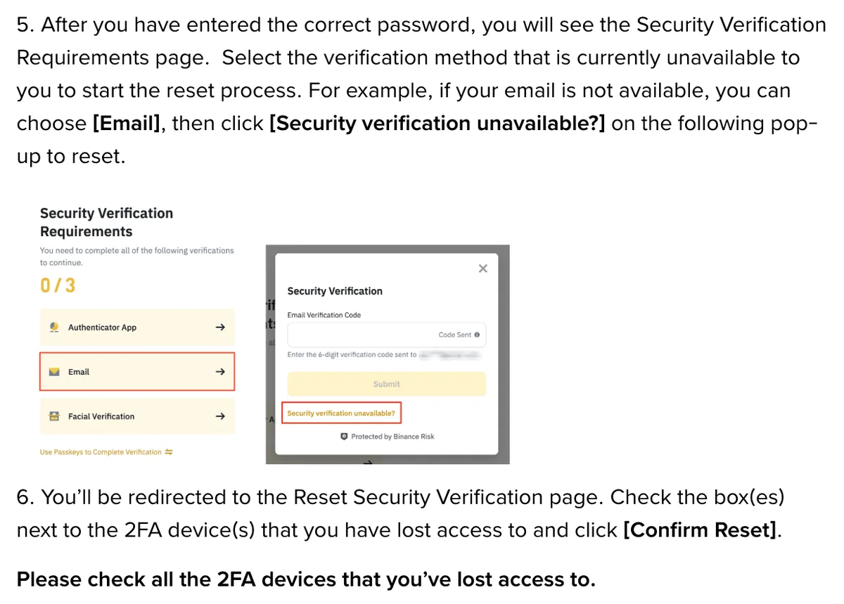 Binance 2FA reset steps with the Security verification unavailable link highlighted