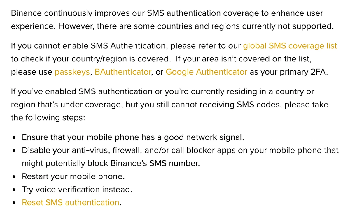 Binance Support troubleshooting steps for not receiving SMS verification codes