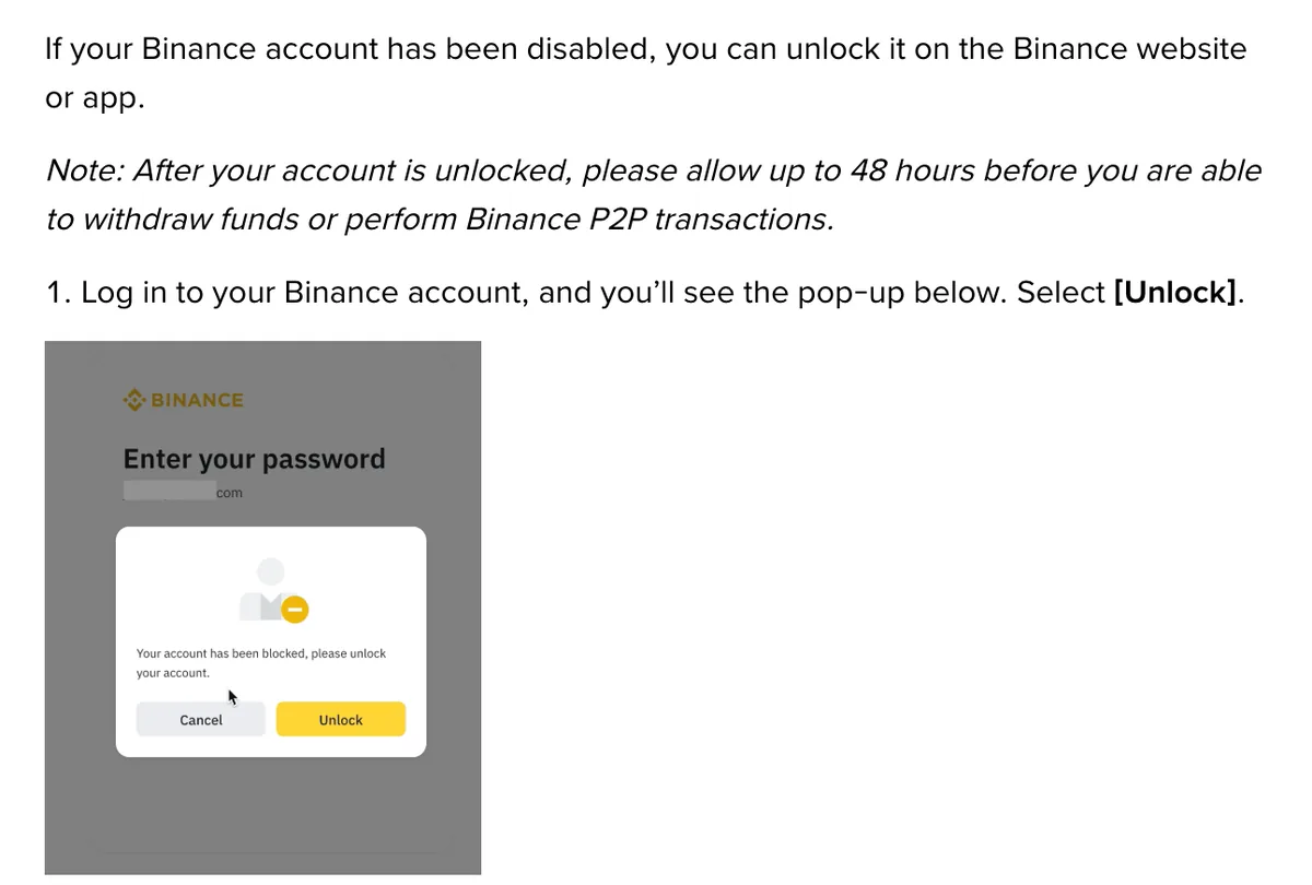 Binance unlock account steps: after logging in, choose Unlock in the pop-up