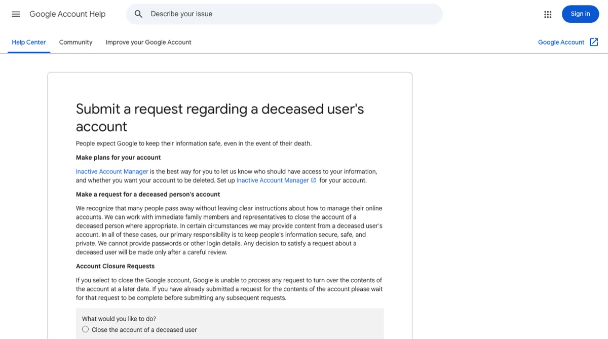 Google Account Help page Submit a request regarding a deceased user's account, with the paragraph saying passwords and login details cannot be provided and the first request option below