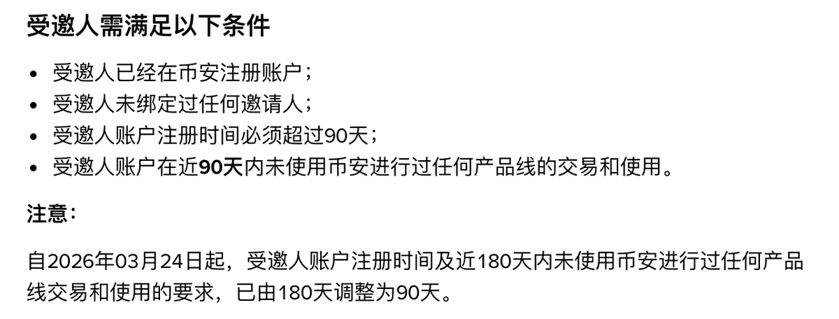 币安老用户召回计划受邀人条件截图，要求账户注册超过 90 天且近 90 天没有交易